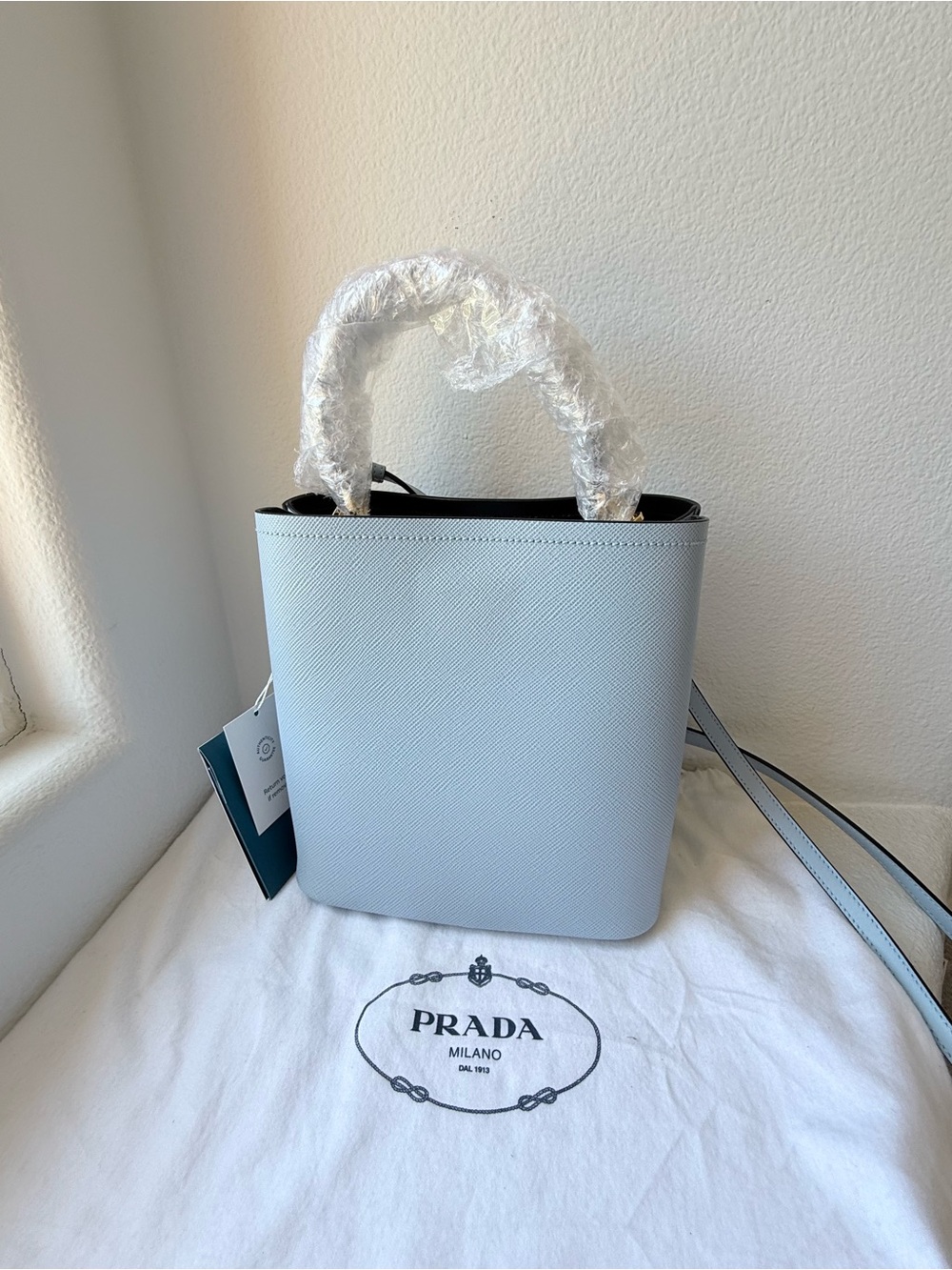Prada Powder Blue Saffiano Leather Bucket Top-Handle Tote | Dust Bag | Authentic - Picture 8 of 11
